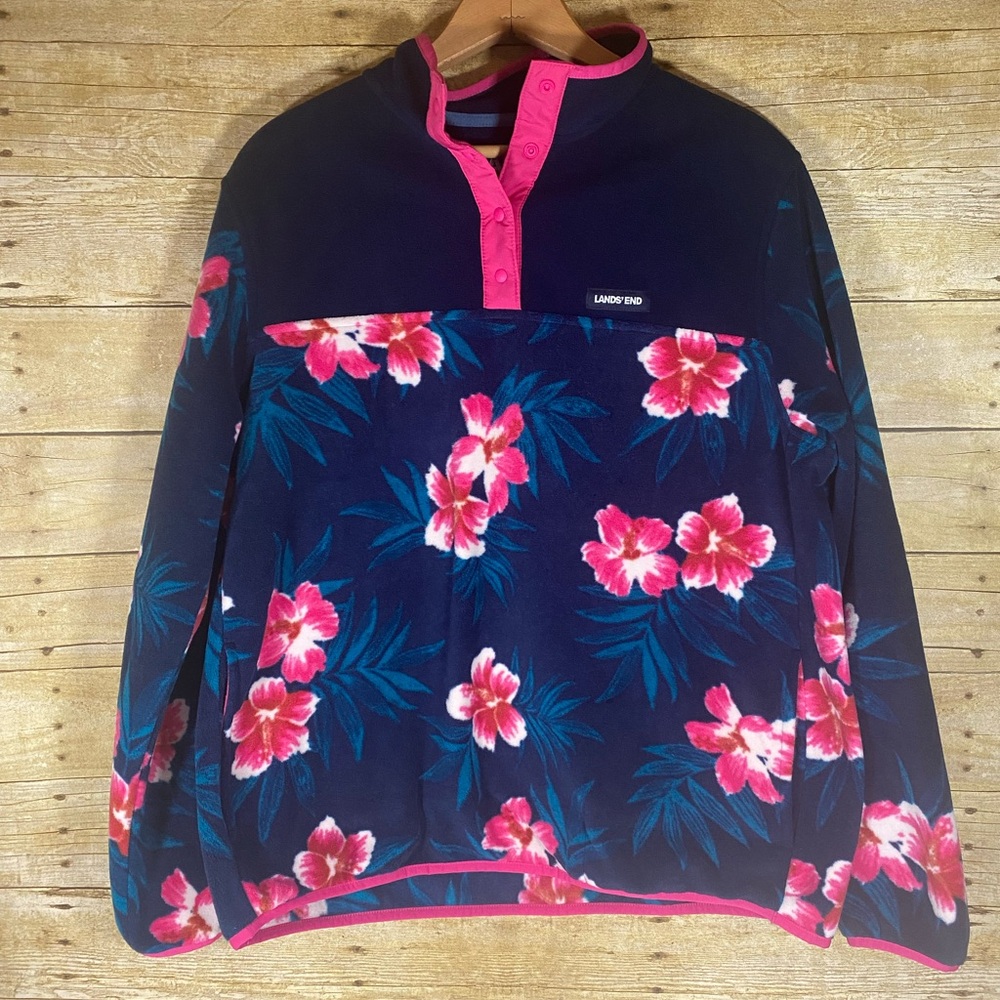 Lands End Heritage Fleece Snap Neck Sweatshirt Deep Sea Navy Hibiscus Floral L